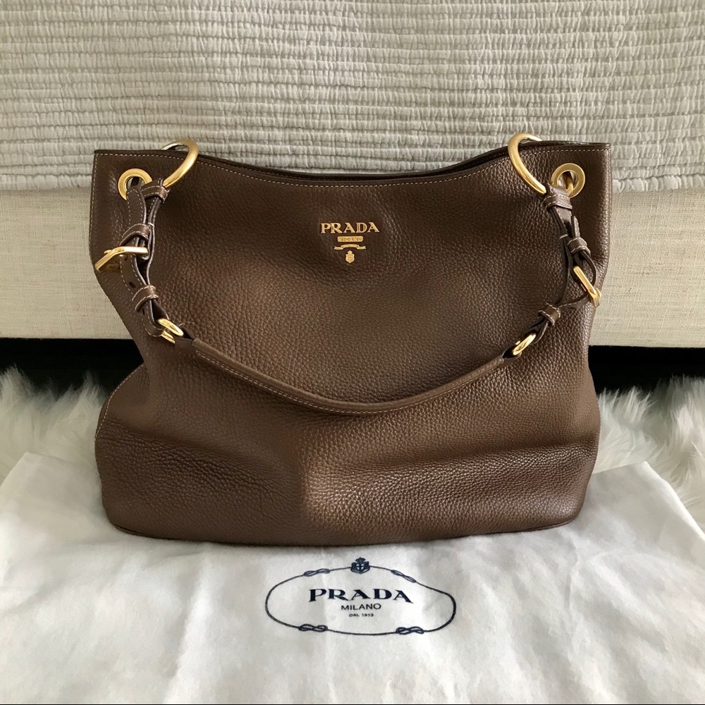 PRADA Brown Vitello Daino Leather Hobo Bag
